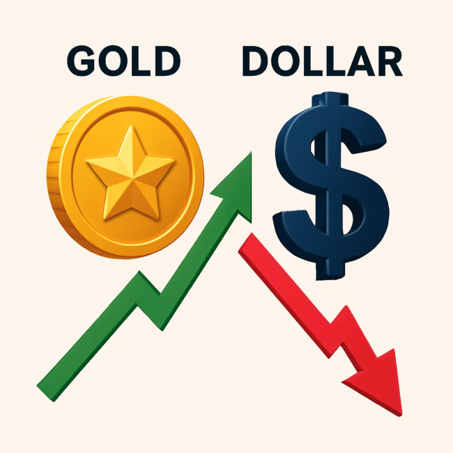 Gold vs US dollar inverse correlation showing gold price rising and dollar falling